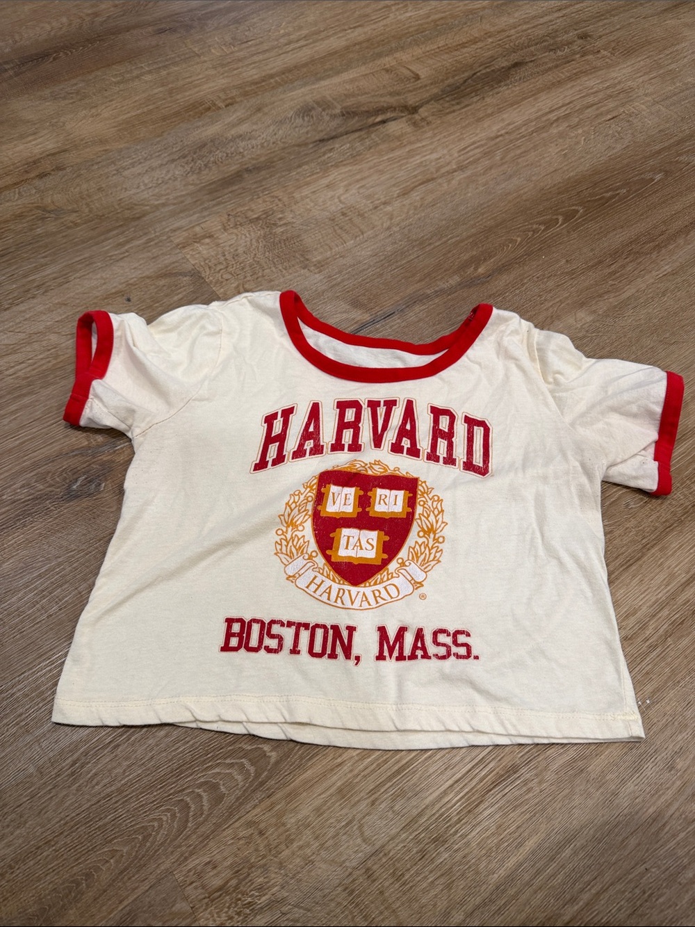 T.J.Maxx Cream Crop Tee with Red Trim and Harvard Crest
